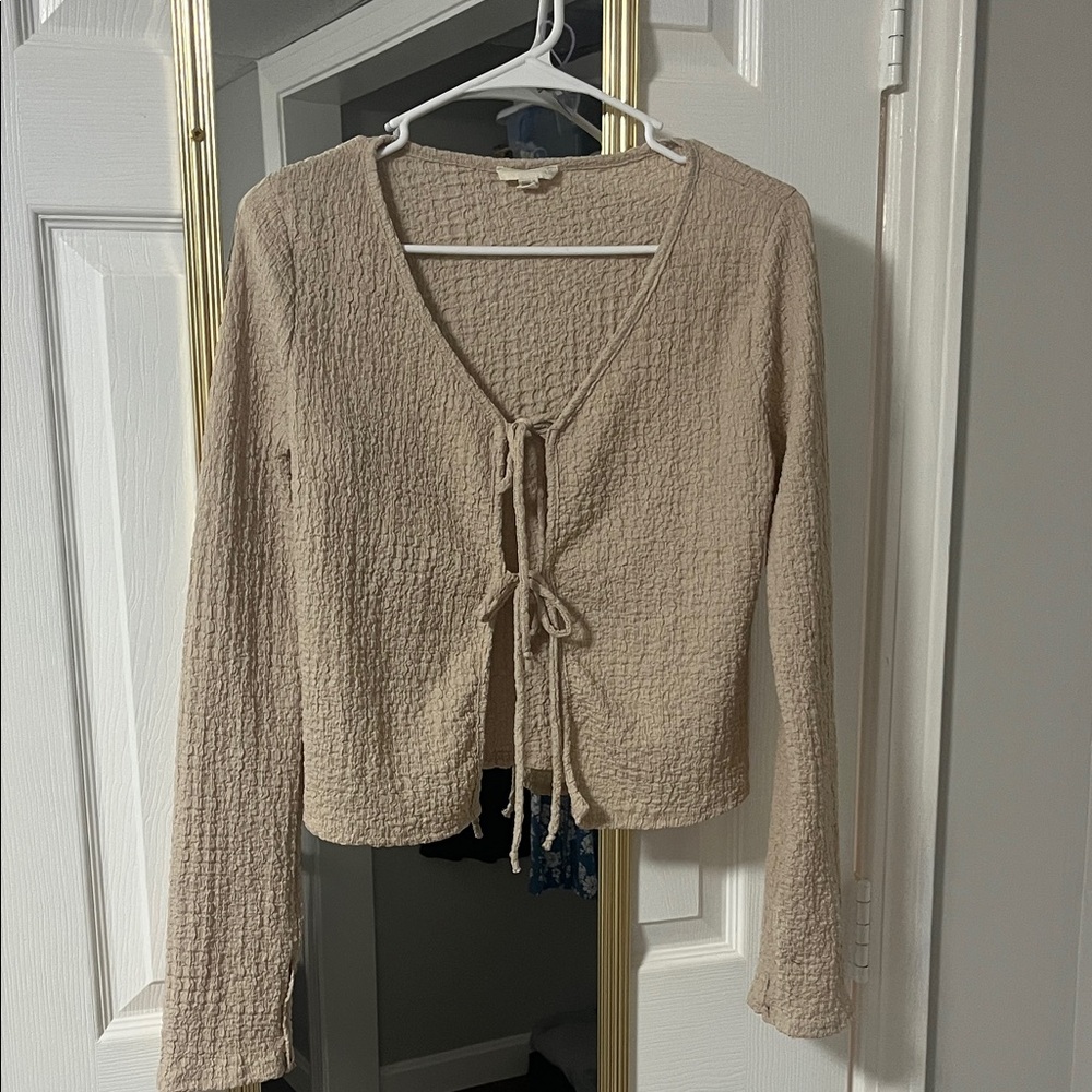 See You Monday Light Brown Textured Tie-Front Blouse